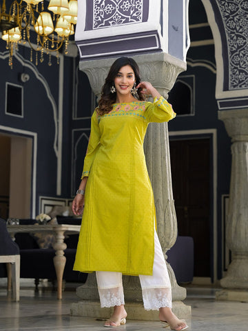 Varanga Women Lime Green Embellished Round Neck Straight Kurta